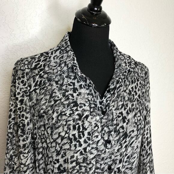 WHBM gray and black leopard animal print sheer button front midi dress size 8 - Picture 2 of 15
